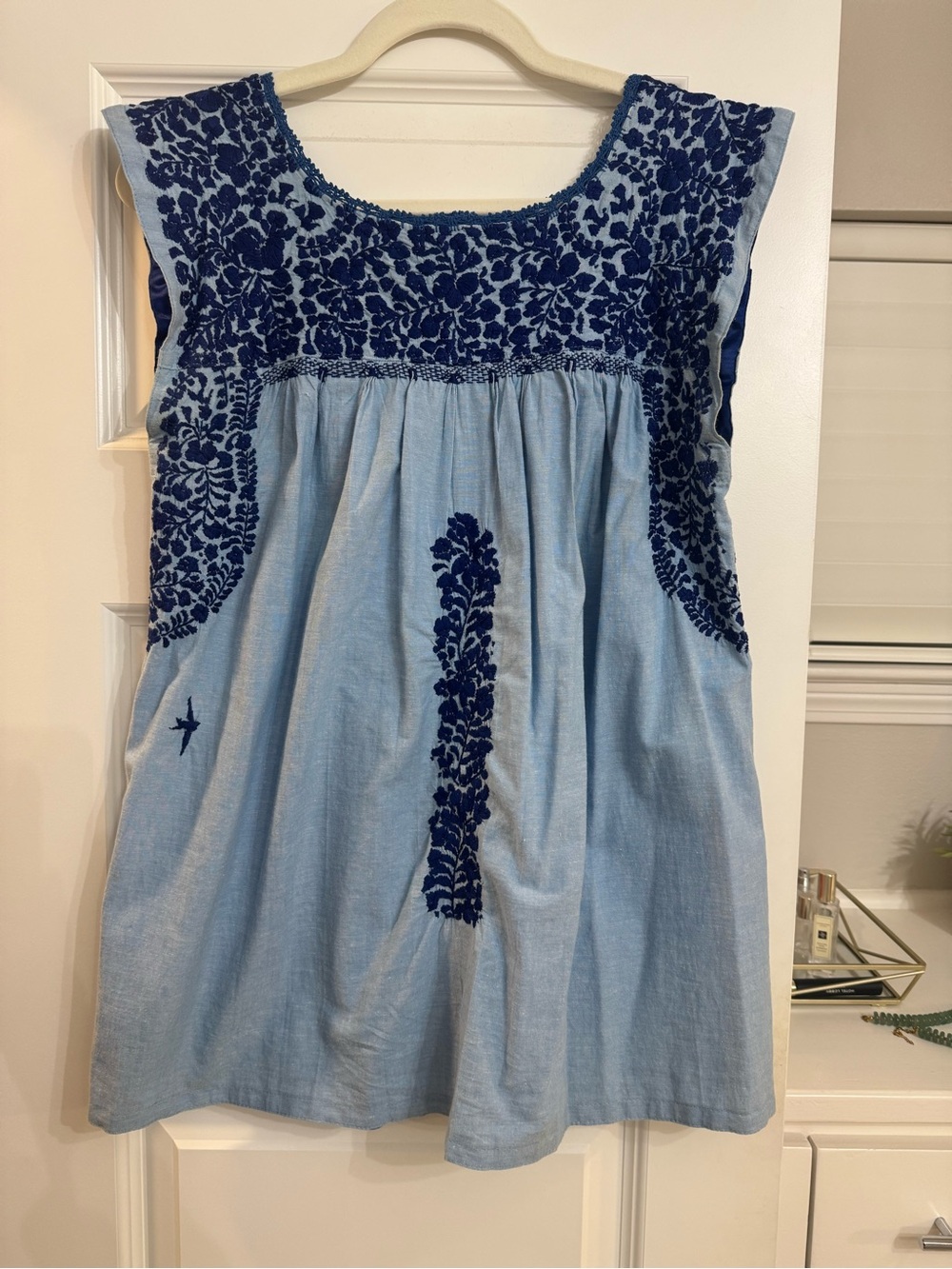 Mi Golondrina Sky Blue Cotton Tunic with Navy Floral Embroidery